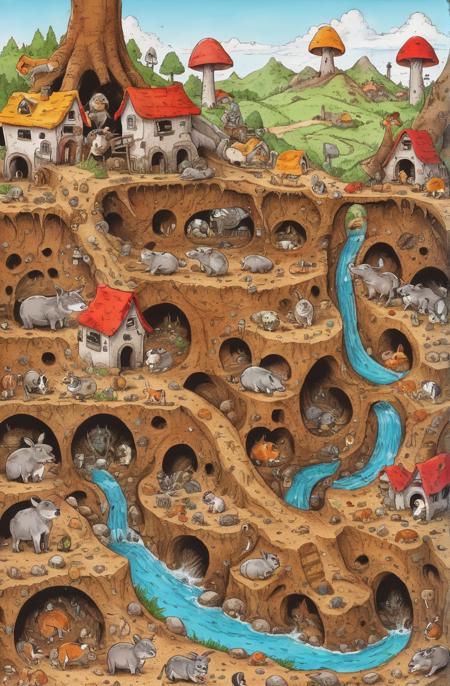 00023-bright colorful cartoon intricate animal village in a warren detailed cross section_20230813_101521.png